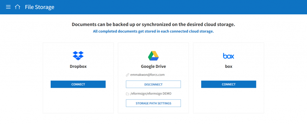 eformsign dashboard menu > Connect > File Storage