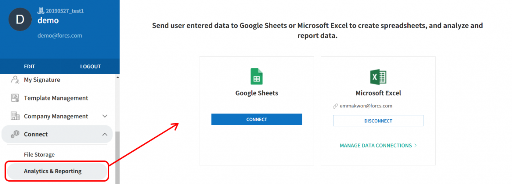 eformsign dashboard menu > Connect > Analytics & Reporting