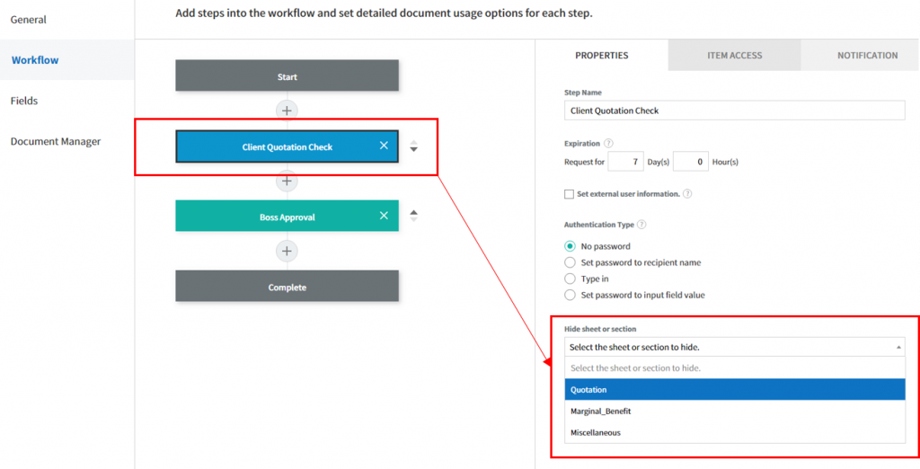 You can hide part of your document when sending it to an external user.