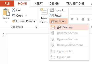 Section combo menu in PowerPoint