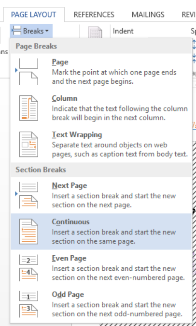 Section Breaks combo menu in MS Word