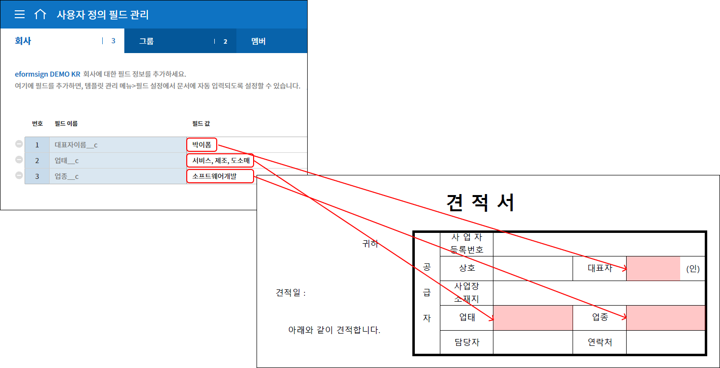 사용자 정의 필드에 대표자이름, 업태, 업종 값이 정의되어 있고 이 정보들이 견적서의 입력항목과 연결되어 있다.